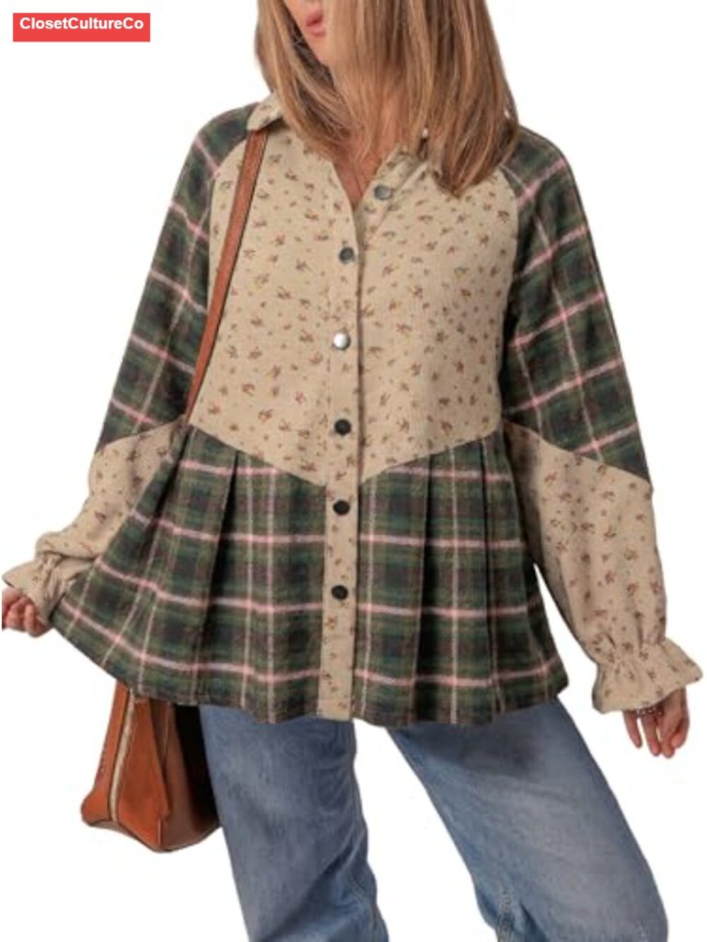 Waffle Knit Button Down Shirt Ruffled Sleeve Loose Fit Shacket